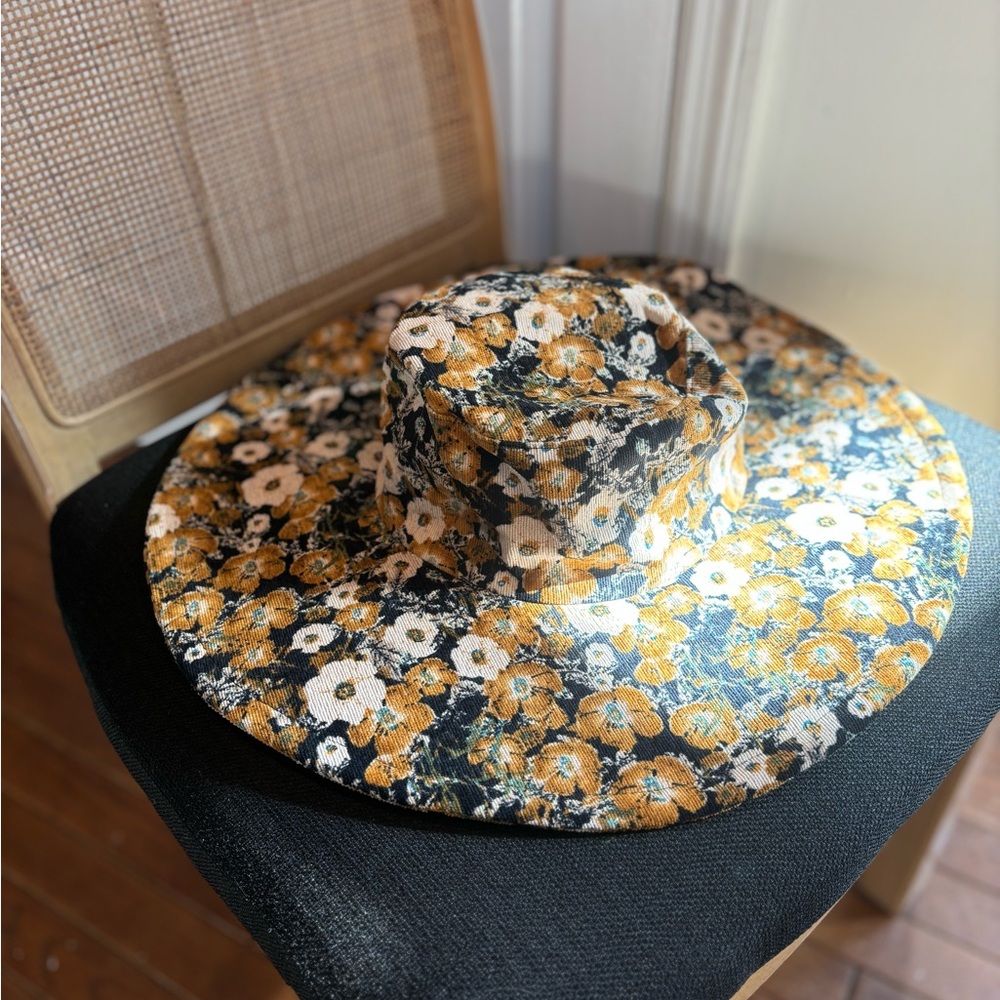 Anthropologie Floral Wide-Brim Hat - Black, Yellow, White